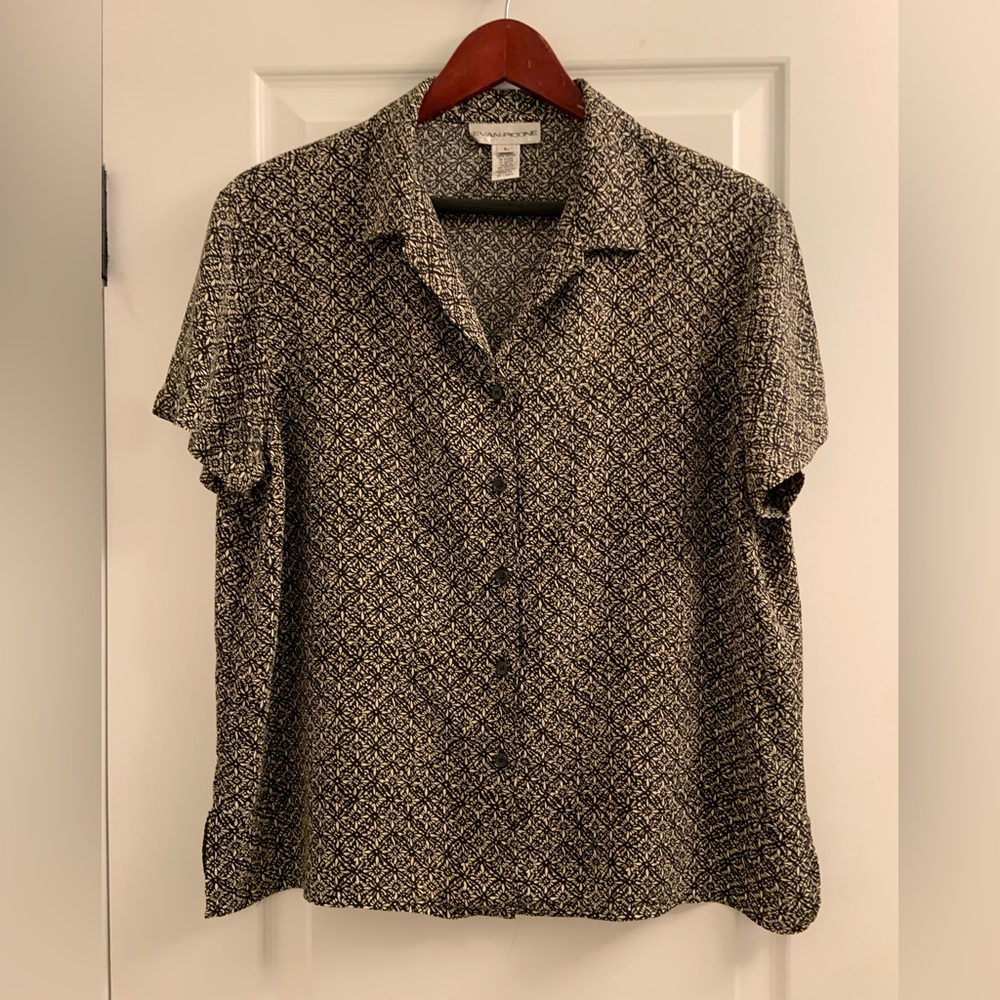 Evan Picone Black and White Button Down Shirt with Notched Collar